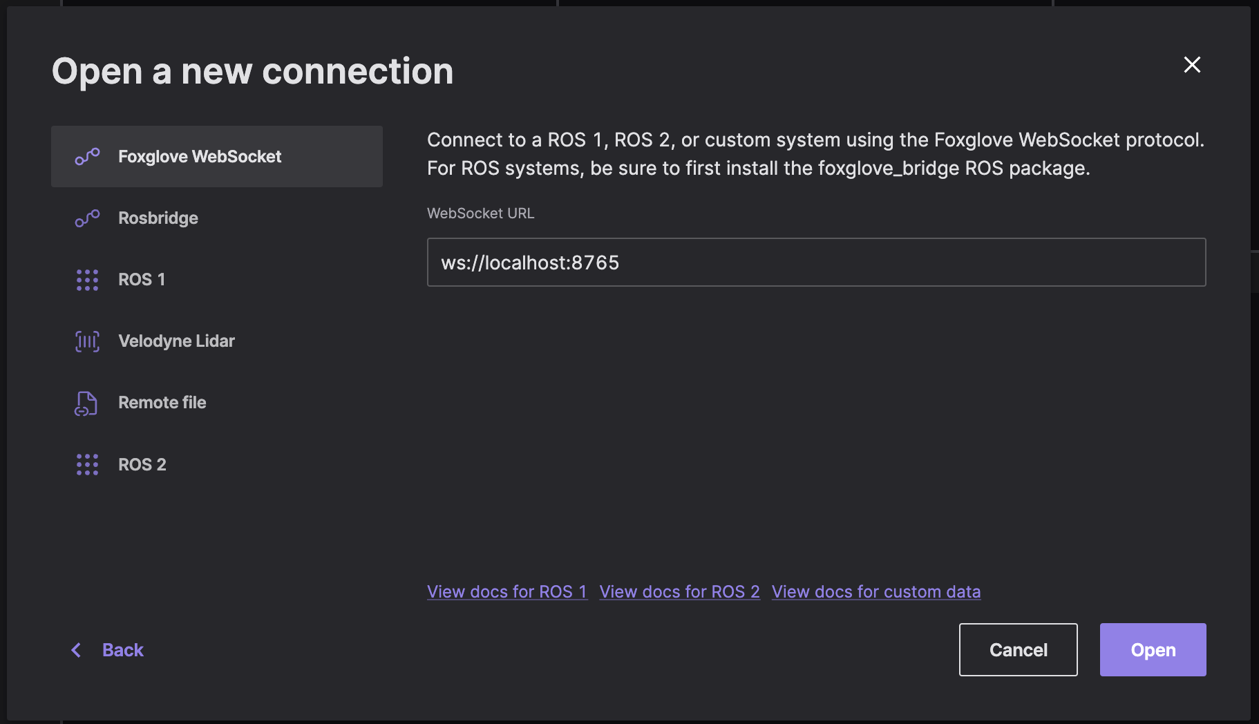 Foxglove WebSocket dialog