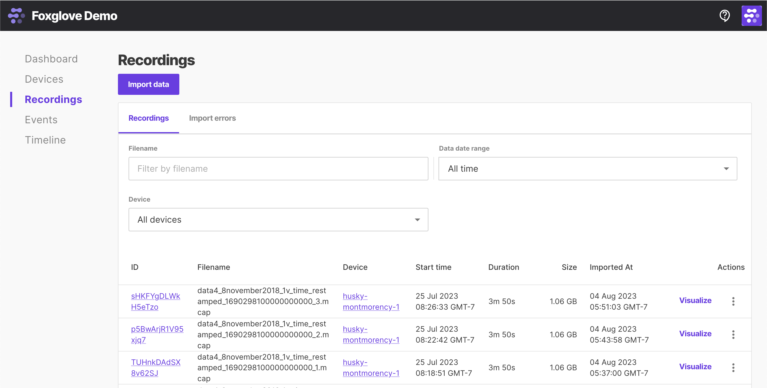 Visualize on Recordings page